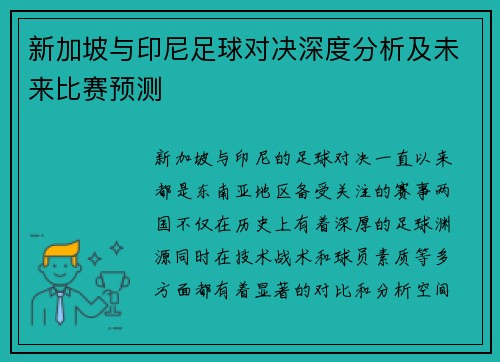 新加坡与印尼足球对决深度分析及未来比赛预测